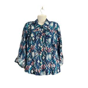 Ruby Rd. Favorites Women's Multicolor Button-Up 3/4 Roll Tab Sleeve Top SZ 16W